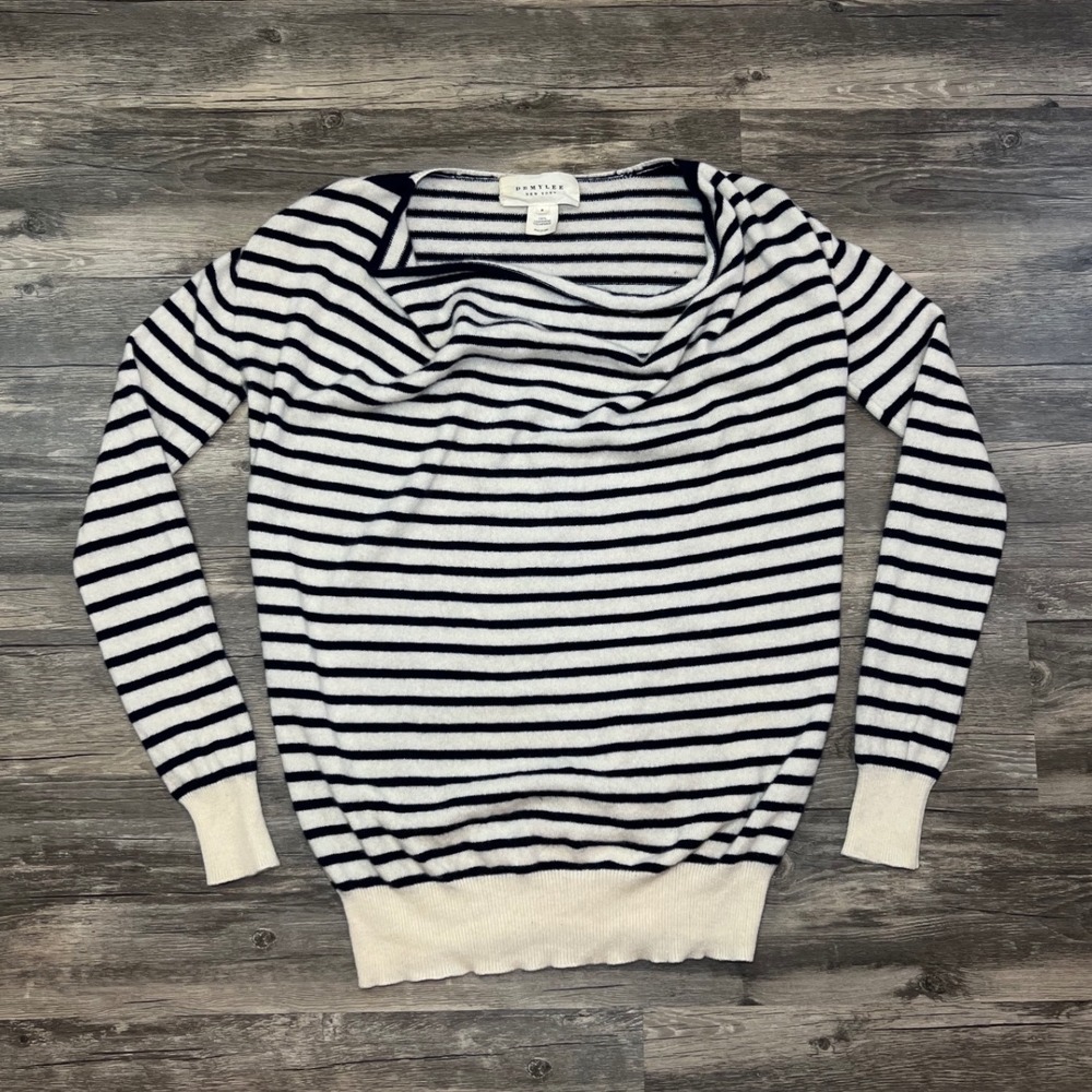 Demylee 100% Cashmere Striped Sweater Small Breton Navy Cream Lightweight Knit